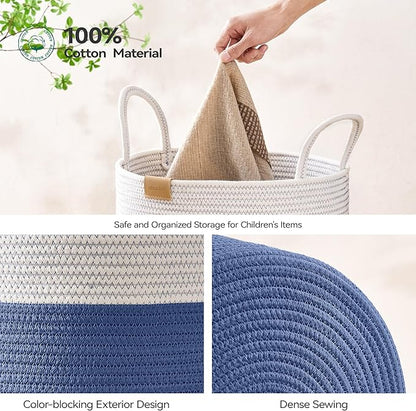Nunsino Laundry Hamper 95L,Large Laundry Basket for Clothes,Decorative Storage Basket for Blankets,Cotton Rope Woven basket for bedroom,Navy Blue