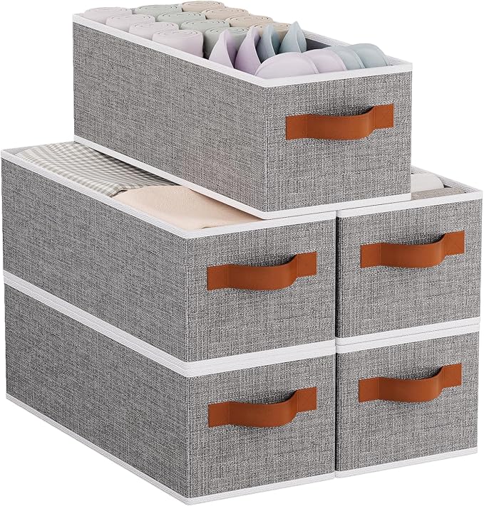 Foldable Storage Baskets, Fabric Clothes Organizer Boxes, 15 x 6 x 5 Collapsible Clothes Organizer Boxes with Handles, Gray, 5-Pack