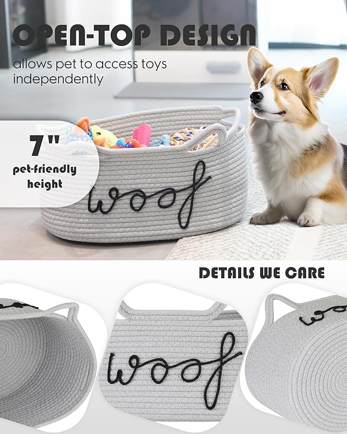 Sea Team Dog Toy Basket with Handles, 16.5 x 11 x 7 Inches, 4.4 Gallons Large Cotton Rope Storage Bin, Box, Shelf Organizer for Pet Chew Toys, Foods, Grey Woof
