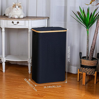 iEGrow 75L Slim Laundry Hamper, Narrow Laundry Basket with Lid,Foldable Clothes Hamper with Bamboo Handles,Hamper Basket with Removable Inner Bag for Laundry Room Bedroom College Dorm,19.8 Gals Black