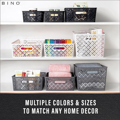 BINO l Plastic Storage Baskets, Large - Grey l THE BLOSSOM COLLECTION l Multi-Use Organizer Bin l Built-in Handles l Plastic Woven Basket for Organizing l Pantry & Home Organizing Basket