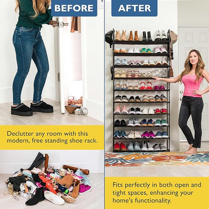 Sundaze Shoe Rack - 10 Tier Shoe Rack for Front Door Entrance, Sturdy Tall Shoe Organizer for Closet, Bedroom, Entryway, Garage, Non Woven Fabric Shelf, Black, Holds Up to 50 Pairs