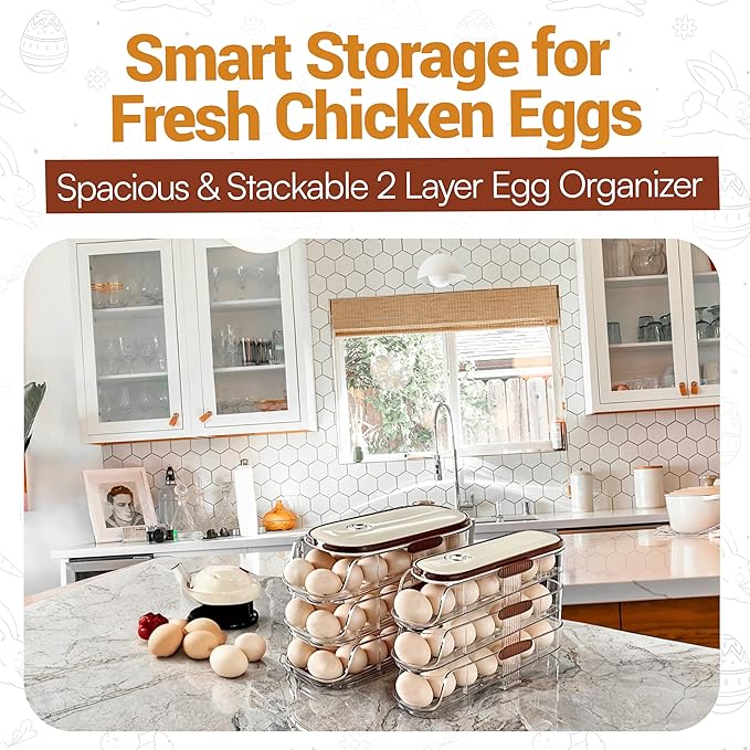 Auto Rolling Egg Holder for Fridge– 2-Tier Gravity Fed Egg Dispenser, Space-Saving Fridge Organizer for Fresh Eggs, No Assembly Required