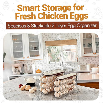 Auto Rolling Egg Holder for Fridge– 2-Tier Gravity Fed Egg Dispenser, Space-Saving Fridge Organizer for Fresh Eggs, No Assembly Required
