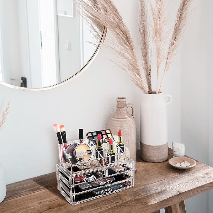 Ikee Design Acrylic Makeup Organizer with 4 Drawers and Removable Top Lipstick Holders, Ideal for Make-up or Accessories,Enhance Your Vanity or Bathroom with Clear Design for Quick Visibility