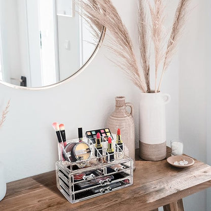 Ikee Design Acrylic Makeup Organizer with 4 Drawers and Removable Top Lipstick Holders, Ideal for Make-up or Accessories,Enhance Your Vanity or Bathroom with Clear Design for Quick Visibility