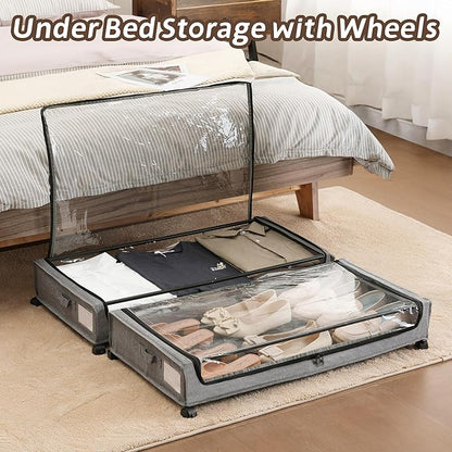 FOUCSSOMEI UnderBed Storage Containers, UnderBed Shoe Storage with Wheels, Under Bed Drawers for Clothes Book Blankets, Dorm Bedroom Organizer
