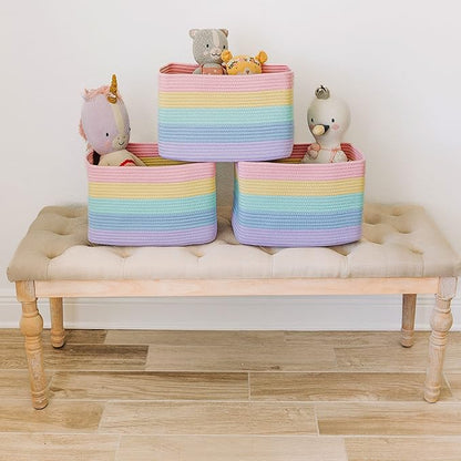Pastel Rainbow Cotton Rope Baskets for Shelves, Set of 3-15"×10"×9½" - Colorful Storage Baskets for Kids - Nursery, Playroom, Classroom - Toy Storage, Books, Towels