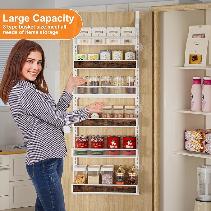 6 Tier Pantry Door Organizer Spice Rack, 2-IN-1 Wall Mount or Hanging Over Door Seasoning Organizer with Adjustable Baskets, Heavy Duty Behind Door Storage Shelves for Pantry, Cabinet and Kitchen