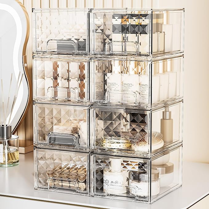 Delamu 8 Pack Stackable Storage Drawers, Makeup Skincare Holder Vanity Storage Organizer, Plastic Drawers For Vanity Desk, Undersink, Kitchen Cabinet, Pantry, Clear, Ideal Gifts for Women