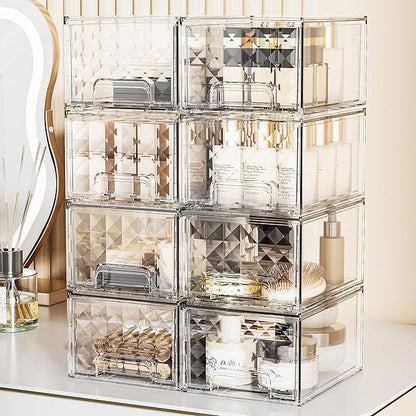 Delamu 8 Pack Stackable Storage Drawers, Makeup Skincare Holder Vanity Storage Organizer, Plastic Drawers For Vanity Desk, Undersink, Kitchen Cabinet, Pantry, Clear, Ideal Gifts for Women