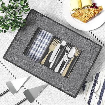 Aokeyee 2-Pack Silverware Storage Box, Sturdy Flatware Organizer with 5 Compartments & Adjustable Dividers, Utensil Case with Clear Lid & Handle for Knives, Forks & Spoons, Gray