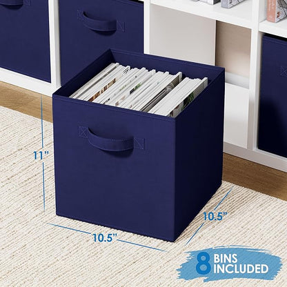 Storage Cubes Pack Of 8 - Standard Size Cube Storage Bin 10.5x10.5x11 With Dual Handles For Easy Carrying- Fabric Storage Bins Collapsible (Navy)