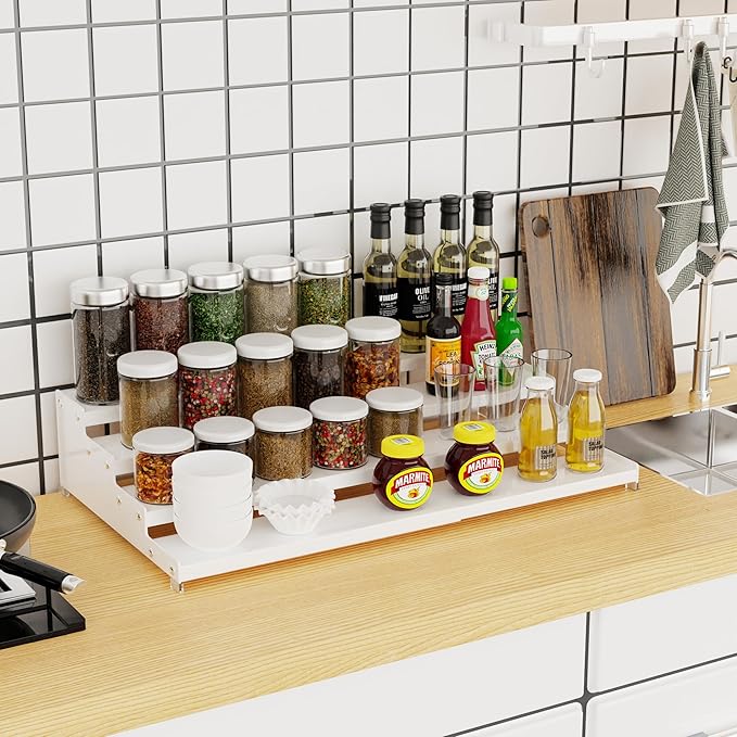 Jojocross Expandable 4-Tier Step Spice Rack Organizer for Kitchen Cabinet Modern Design and Non Skid Space Saving Storage Shelf for Countertop Cabinets Pantry(1Pack/White)