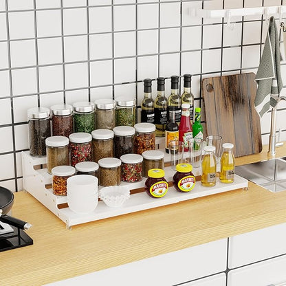 Jojocross Expandable 4-Tier Step Spice Rack Organizer for Kitchen Cabinet Modern Design and Non Skid Space Saving Storage Shelf for Countertop Cabinets Pantry(1Pack/White)