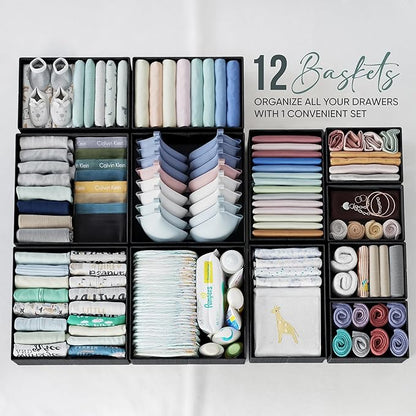 Drawer Organizer Clothes Set of 12 Black - Dresser Organizer For Nursery, Bedroom, Closet - The Perfect Baby Clothes Organizer and Storage & General Nursery Organization or Dresser Drawer Organizers