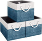 Fab totes Storage Bins 3-Pack, Foldable Storage Baskets for Organizing Toys, Books, Shelves, Closet, Large Storage Box with Rope Handles, Sturdy Organizer Bins, White & Blue
