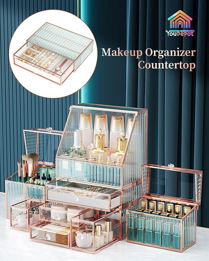 Youdepot Large Makeup Organizer, Glass Cosmetic Storage with Drawers, Stackable Makeup and Jewelry Organizer for Vanity Table, Bathroom Countertop, Skincare, Lipsticks, Perfume, Brushes