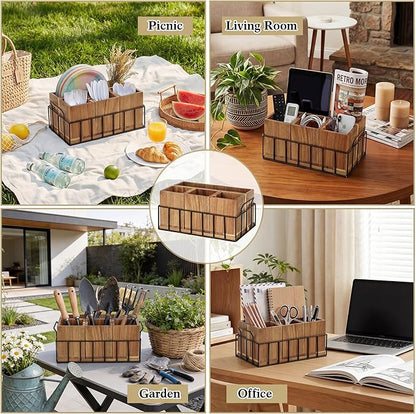 Silverware Holder for Party, Acacia Utensil Holder with 4 Removable Compartments for Countertop, Silverware Caddy Flatware Organizer Box for Utensil Spoons Forks Plate Napkin, Detachable Sevring Caddy