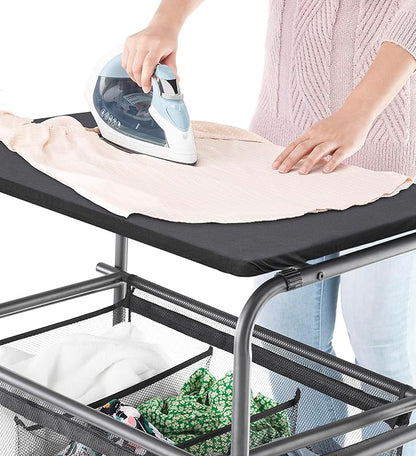 Whitmor Triple Laundry Sorter with Ironing & Folding Table - Rolling Laundry Sorter with Ironing Table - Gunmetal