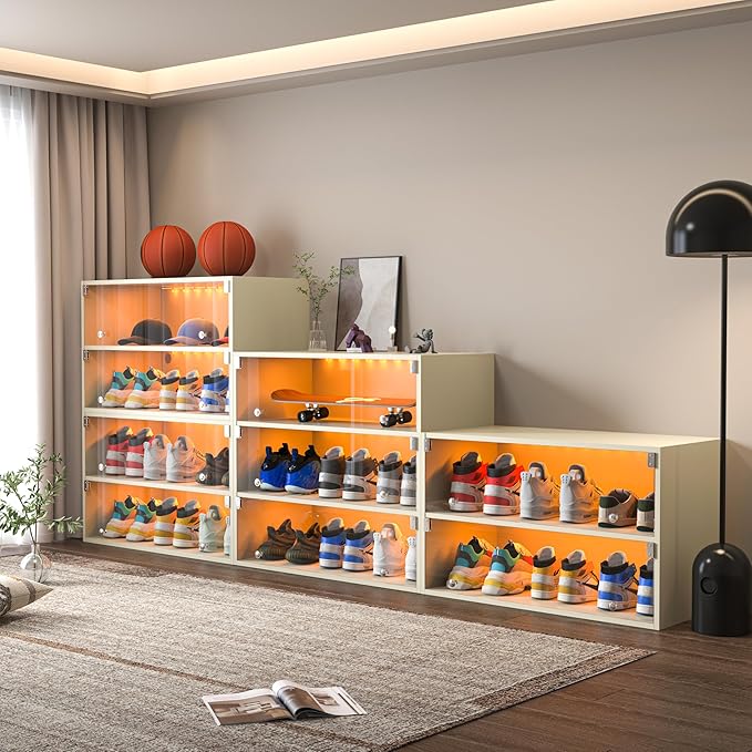 Sneaker Display Case with Lights featuring LED Intelligent Control Shoe Storage Box, Stackable LED Shoe Box Wood Shoe Display Case for Luxury Sneaker Storage (Beige 2-layer)