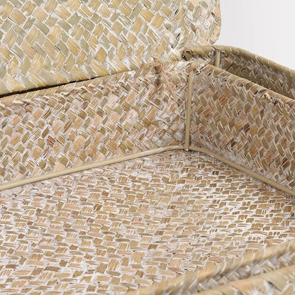 Moosky Flat Wicker Shelf Baskets with Lid, Seagrass Woven Basket Boxes for Storage Basket Bins Multipurpose Home Decor Organizer (Whitewash Set of 2)