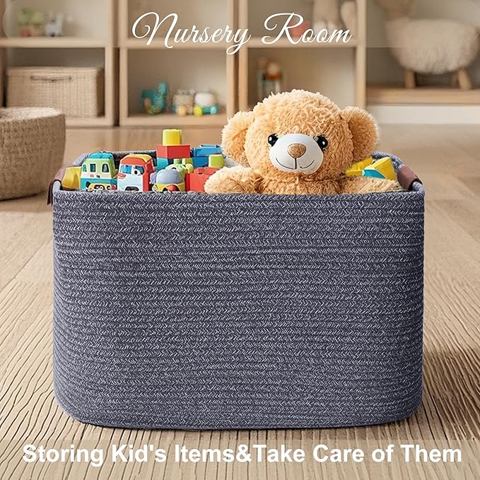 Large Cotton Rope Storage Basket with Leather Handles, Laundry Hamper Baskets, 20 "L x 14" W x 12 "H, Storage Blanket & Toy , Home Decor Basket. (Large Dark Grey)