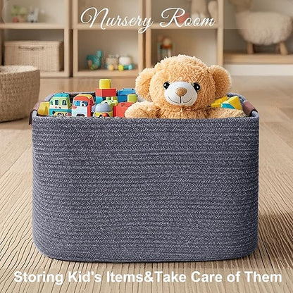 Large Cotton Rope Storage Basket with Leather Handles, Laundry Hamper Baskets, 20 "L x 14" W x 12 "H, Storage Blanket & Toy , Home Decor Basket. (Large Dark Grey)