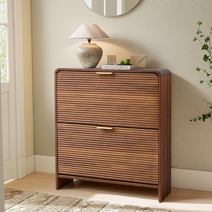 RARZOE Fluted Shoe Cabinet with 2 Flip Drawers, Narrow Curved Shoe Storage Cabinet for Entryway, Freestanding Wood Hidden Shoe Organizer Closed Shoe Rack Cabinet for Foyer, Hallway (29.5''Walnut)