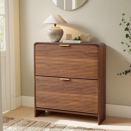 RARZOE Fluted Shoe Cabinet with 2 Flip Drawers, Narrow Curved Shoe Storage Cabinet for Entryway, Freestanding Wood Hidden Shoe Organizer Closed Shoe Rack Cabinet for Foyer, Hallway (29.5''Walnut)