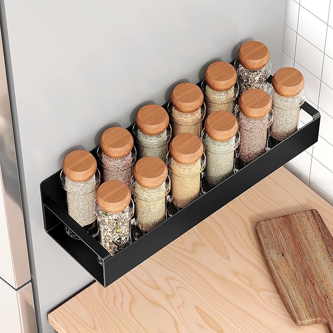 Vetacsion 4 Pack Moveable Fridge Magnetic Spice Racks,Metal Black
