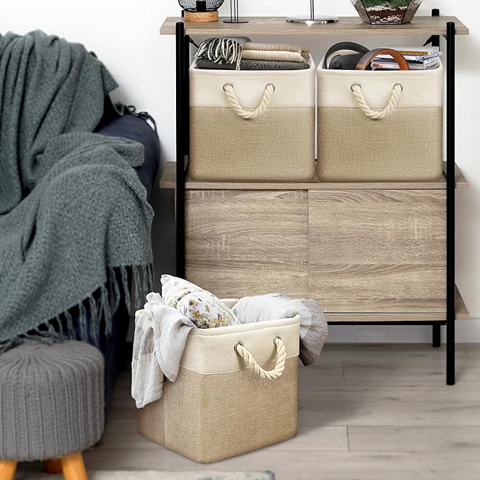 Simple Houseware 13" x 13" Large Fabric Storage Cubes for Closet and Cube Organizer, 3 Pack, Beige