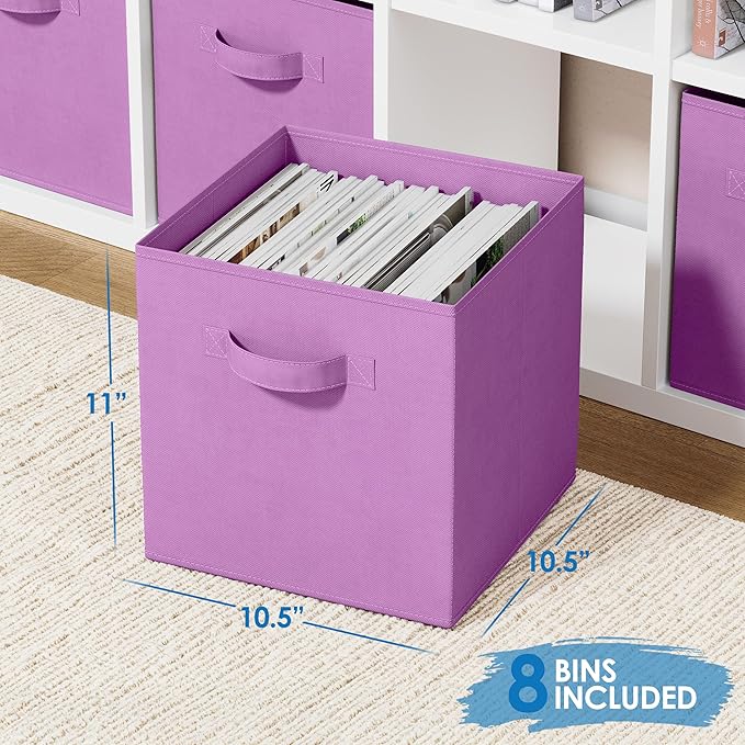 Storage Cubes Pack Of 8 - Standard Size Cube Storage Bin 10.5x10.5x11 With Dual Handles For Easy Carrying- Fabric Storage Bins Collapsible (Purple)