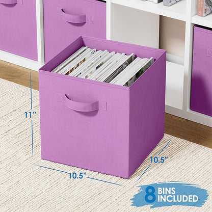Storage Cubes Pack Of 8 - Standard Size Cube Storage Bin 10.5x10.5x11 With Dual Handles For Easy Carrying- Fabric Storage Bins Collapsible (Purple)