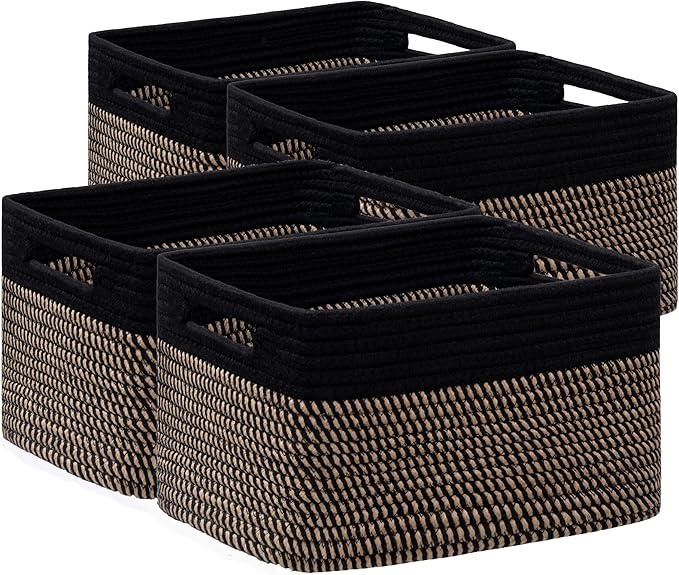 UBBCARE 4 Pack Storage Baskets for Organizing, Shelf Baskets with Handles, Woven Storage Baskets for Bookcase/Cube Shelf/Closet, 14.5"L x 9.8"W x 9"H, Black&Brown