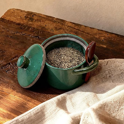 Handcrafted Speckled Ceramic Salt Cellar with Wooden Spoon, Rustic Vintage Spice Jar, Dishwasher Safe, 8.45 fl oz (Vintage Green)