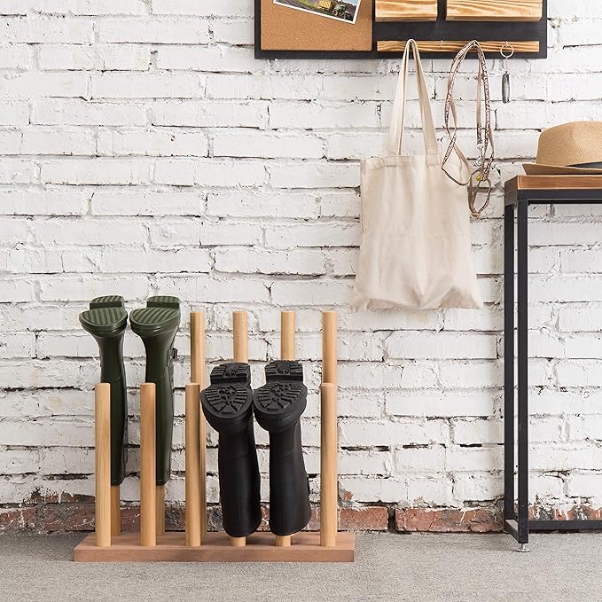 MyGift Natural Brown Wood Entryway Boot Rack Organizer Tall Boots Inverter Holder - Holds up to 6 Pairs
