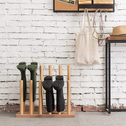 MyGift Natural Brown Wood Entryway Boot Rack Organizer Tall Boots Inverter Holder - Holds up to 6 Pairs