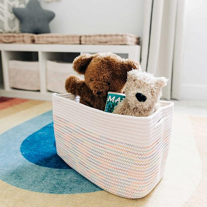 Rainbow Stitches Cotton Rope Baskets for Shelves, Set of 3-15"×10"×9½" - Colorful Storage Baskets for Kids - Nursery, Playroom, Classroom - Toy Storage, Books, Towels