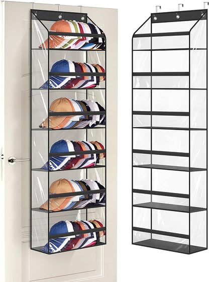 AOODA Clear Over The Door Hat Racks for Baseball Caps, Large Holds up to 72 Caps Hat Storage Organizer for Closet Wall, Deep Pockets Hanging Hat Holder with 3 Hooks, Black