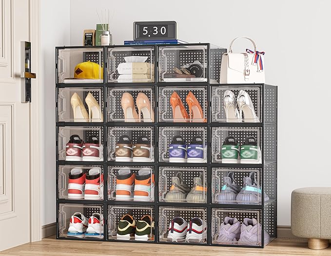 HOMIDEC Shoe Storage, 12 Pack Shoe Organizer for Closet, Shoe Boxes Clear Plastic Stackable Shoe Containers with Lids for Size 13
