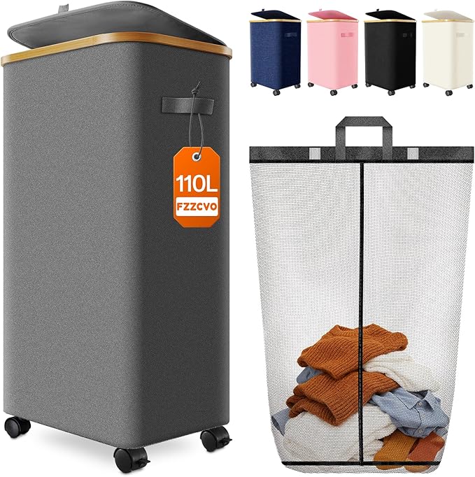Laundry Hamper with Wheels, 110L Large Clothes Hamper with Removable Inner Bag, Collapsible Dirty Clothes Basket for Dorm, Rolling Dirty Clothes Basket for, Bedroom, Bathroom, Laundry Room