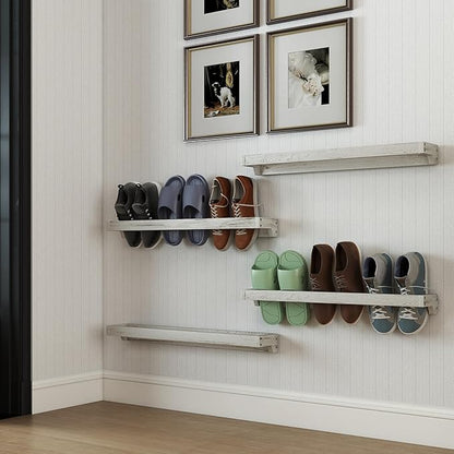 Nisorpa 30 Inch Shabby White Washed Wood Hanging Shoe Rack, Wall Mounted Shoe Rack Storage Organizer Space Saving Footwear Holder for Closet, Mudroom, Entryway, Holds 12 Pairs, Set of 4
