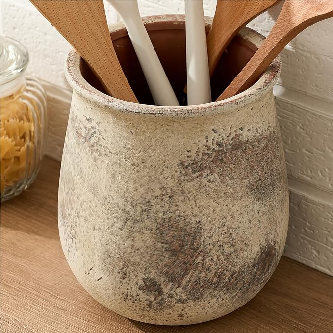 6.8"H Rustic Utensil Holder for Kitchen Counter, Modern Farmhouse Vintage Cooking Utensil Holder and Crock Home Kitchen Decor, Ceramic Utensil Organizer for Spatula, Ladle, Eggbeater, Rolling Pin