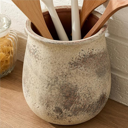 6.8"H Rustic Utensil Holder for Kitchen Counter, Modern Farmhouse Vintage Cooking Utensil Holder and Crock Home Kitchen Decor, Ceramic Utensil Organizer for Spatula, Ladle, Eggbeater, Rolling Pin