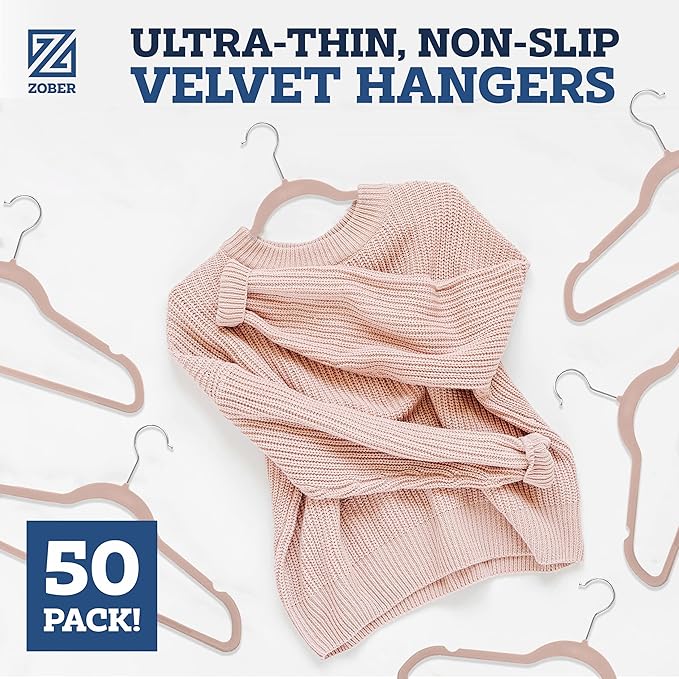 ZOBER Blush Velvet Hangers 50 Pack - Clothes Hangers, Coat Hanger for Pants & Dress Clothes - Non Slip w/ 360 Degree Swivel, Holds up to 10 lbs - Strong Felt Hanger for Clothing