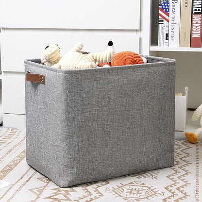 DULLEMELO Large Collapsible Storage Basket/Bin with Sturdy Leather Handles, Fabric Organizer Bin for Storage Clothes, Toys, Books, Office, Bedroom, Closet, Nursery & Laundry (Gray)