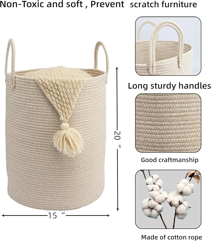 Woven Cotton Rope Laundry basket-15”X20” Laundry Hamper-Rope Storage Basket for Dirty Clothes, Toys and Blankets Perfect for Bathroom, Baby nursery and Living Room Storage (oatmeal)