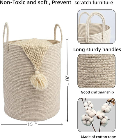 Woven Cotton Rope Laundry basket-15”X20” Laundry Hamper-Rope Storage Basket for Dirty Clothes, Toys and Blankets Perfect for Bathroom, Baby nursery and Living Room Storage (oatmeal)
