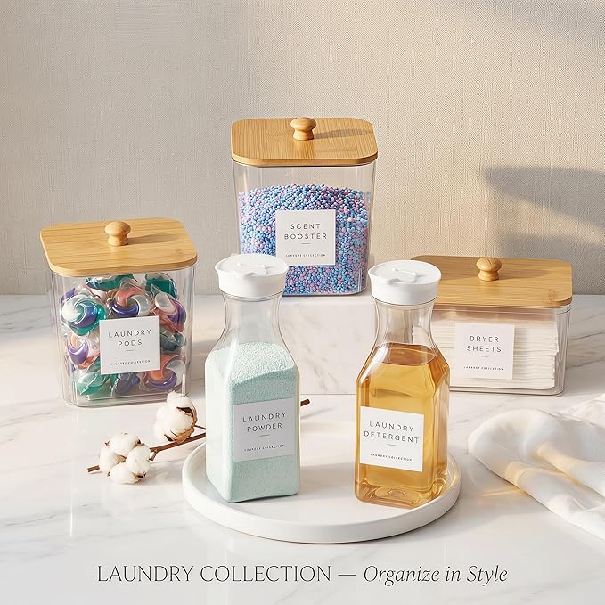 3+2 Pack Laundry Pods Containers & Dryer Sheet Holder & Laundry Detergent Dispenser, Laundry Room Organization and Storage Jars with Lids, Labels and Scoops for Scent Booster, Powder, Pods